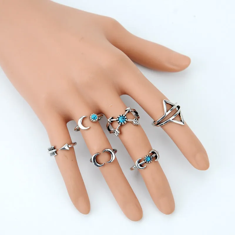 Vintage Turkish Beach Punk Moon Arrow Ring 6PCS