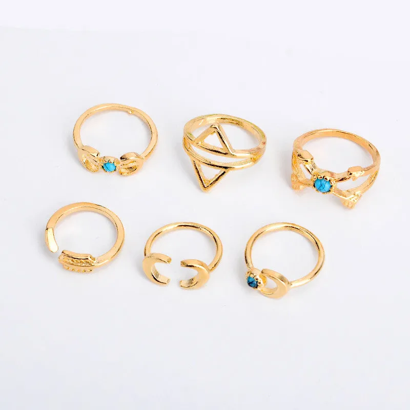 Vintage Turkish Beach Punk Moon Arrow Ring 6PCS