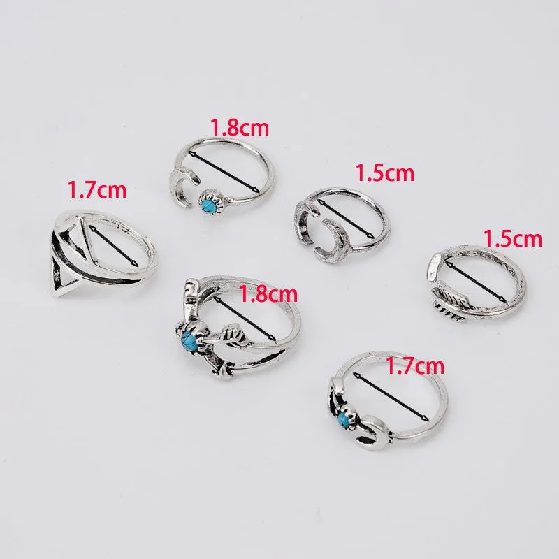 Vintage Turkish Beach Punk Moon Arrow Ring 6PCS