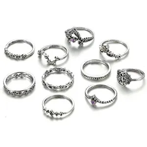 Yellow Chimes Rings for Women 10 PCS Combo Ring Set Oxidised Silver Plated Knuckle Rings Set for Women and Girls.