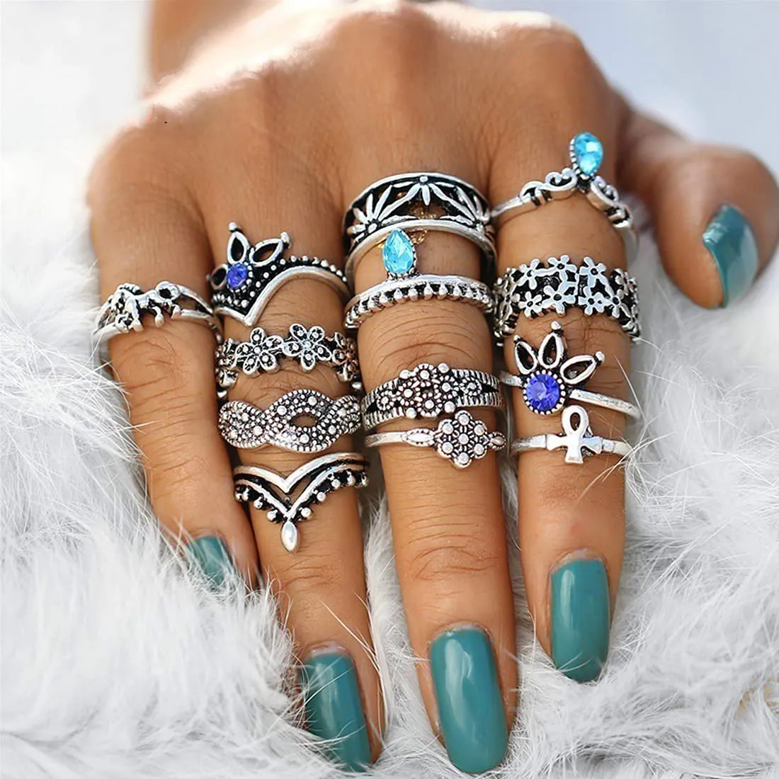 Yellow Chimes Rings for Women 13 Pcs Combo Rings Set Vintage Style Midi Finger Silver Oxidised Knuckle Rings Set for Women and Girls.