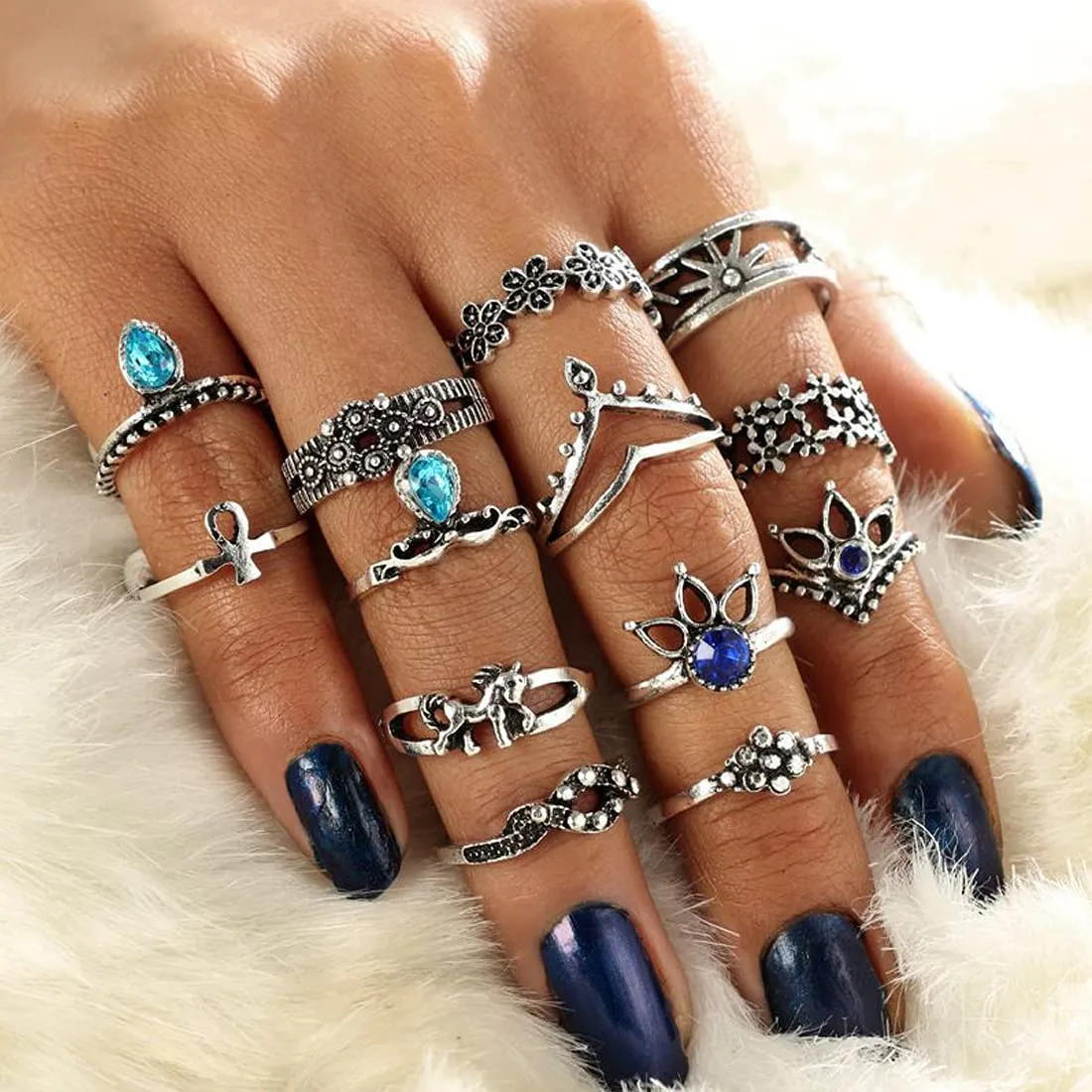 Yellow Chimes Rings for Women 13 Pcs Combo Rings Set Vintage Style Midi Finger Silver Oxidised Knuckle Rings Set for Women and Girls.