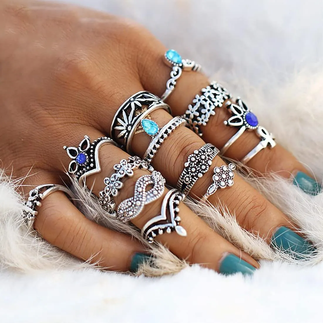 Yellow Chimes Rings for Women 13 Pcs Combo Rings Set Vintage Style Midi Finger Silver Oxidised Knuckle Rings Set for Women and Girls.