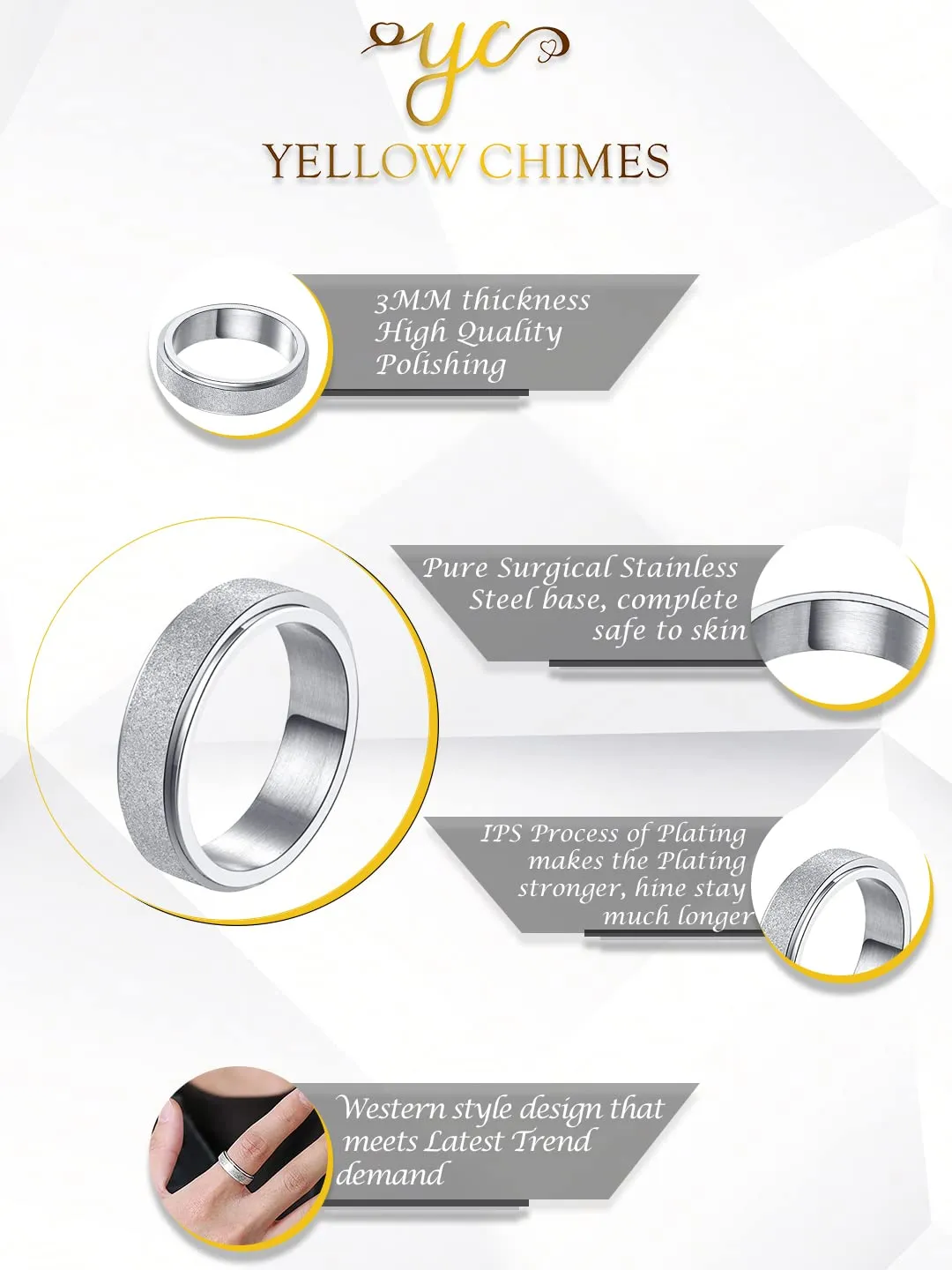 Yellow Chimes Silver Rings For Men | Pack of 1 Stainless Steel Men Ring | Spinner Revolving Finger Ring for Boys | Ideal Gift For Men and Boys